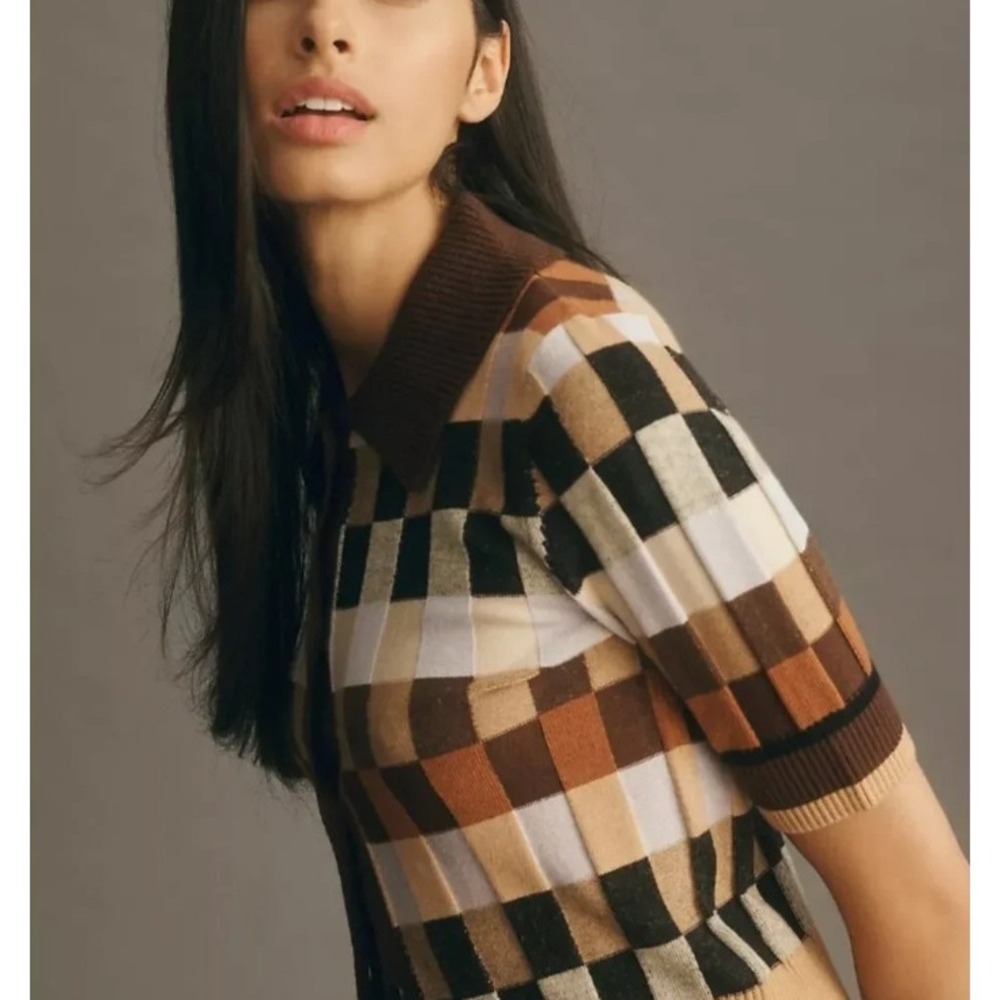 Maeve Anthropologie Kinsley Checkered Ribbed Collared Cropped Cardigan Sweater L - Picture 2 of 10